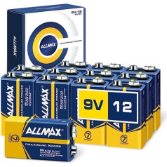 Allmax 9 V maksimālās jaudas sārma baterijas (12 gab. iepakojumā) — īpaši izturīgas, 7 gadu glabāšanas laiks, necaurlaidīgs dizains — ideāli piemērots dūmu detektoriem un bezvadu mikrofoniem (9 volti)