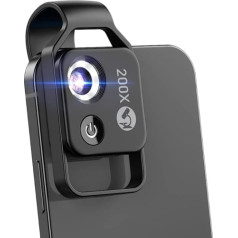 APEXEL 200X mikroskops viedtālruņa kamerai, mini kabatas mikroskops ar CPL filtru, LED gaisma ar 2 spilgtuma līmeņiem, mikroskopa lēcas stiprinājums tālrunim (melns)
