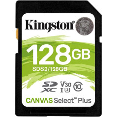 Kingston SDS2/128GBET SDS2/128GBET SDHC Canvas Select Plus 100MB/s lasīšanas karte, 10. klases UHS-I U1 V10 atmiņas karte ar iepakojumu bez vilšanās