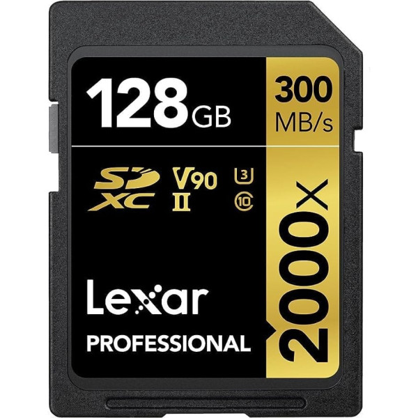 Lexar Professional 2000x SD karte 128GB, SDXC UHS-II atmiņas karte bez lasītāja, lasīšana līdz 300 MB/s, DSLR, kino kvalitātes videokamerām (LSD2000128G-BNNAG)