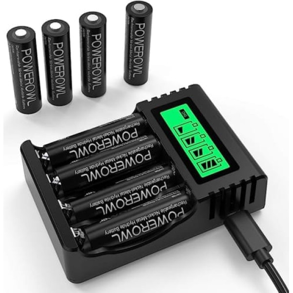 POWEROWL AA akumulators ar lādētāju Iekļauts 8x AA 2800 mAh akumulators un akumulatora lādētājs AA AAA NI-MH NI-CD uzlādējamām baterijām HD LCD USB ierīcēm