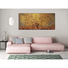 Orlco mākslas sienu dekorēšana ar rokām apgleznota ainava ziedu sienu māksla Abstrakta lāpstiņa zelta koka ziedu glezna uz audekla Ģimenes siena Dzīvojamās istabas māksla Sienas apdare izstiepta 71 x 142 cm