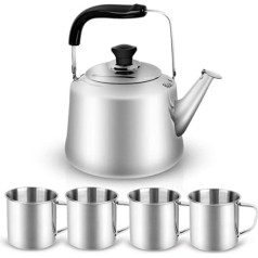 Odoland Tea Kettle Camping Kettle Coffee Pot Kettle Outdoor Crockery Set with 3 L Teapot and 4 Stainless Steel Cups (250 ml) Camping Cookware Set Ideal for Outdoor Picnic Hiking
