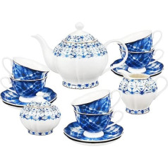 fanquare 21 daļas vintage porcelāna tējas komplekts, lotosa zieda formas krūze un apakštase, zilas kafijas servīze 6 personām