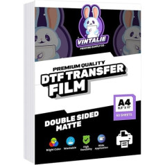 Vintalie Premium DTF Transferfolie - A4 (21,6 x 27,9 cm) 50 Blatt doppelseitiges mattes PET-Transferpapier für alle Stoffe und Farben, einfacher Direktdruck für Ihr Geschäft oder DIY-Projekt.