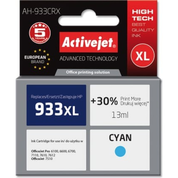 Activejet ah-933crx tinte (HP 933xl cn054ae nomaiņa; premium; 13 ml; zila)