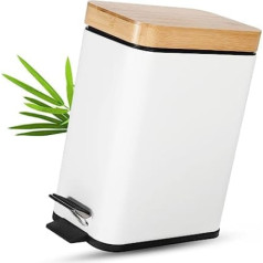 5L Cosmetic Bin, Bathroom Rubbish Bin with Bamboo Lid, Slim Small Bin with Soft-Close Mechanism and Removable Inner Bucket for Bathroom, Bedroom, Office (White)