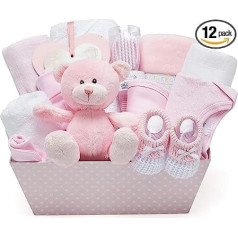 Baby Gift Set and Keepsake Box - Pink, Hand-Packed Gift for Birth Girl - Baby Gift Set with Teddy Bear, Baby Shoes, Romper, Bib, Hat, Blanket, Hooded Towel, Hanging Plaque