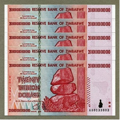 Zimbabve 20 triljoni dolāru x 5 gab AA 2008 P89 secīgi UNC valūtas rēķini