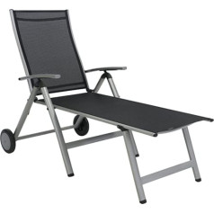 greemotion Monza Comfort Wheeled Lounger Sudraba/Melns/Dārza zviļņi Regulējams līdz 8 pozīcijām / Telpu taupoša glabātuve / Gultas krēsls ar īpaši platu gulēšanas virsmu / Izmēri: apm. 152 x 77 x 118 cm