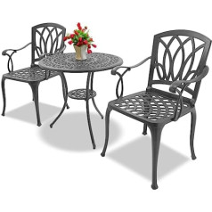 Homeology Positano Garden and Patio Table and 2 Large Chairs with Armrests Cast Aluminium Bistro Set - Graphite