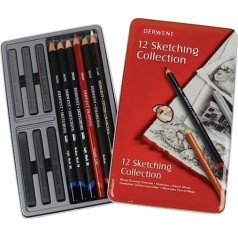 Derwent Sketching Collection skārda komplekts ar 12 jauktiem zīmēšanas un skicēšanas materiāliem