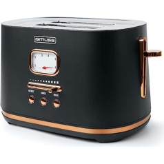 Muse Stainless steel toaster in black retro design, analogue display, illuminated buttons, 6 browning levels, 2 slices, MS-130 BC, vintage look, with crumb drawer