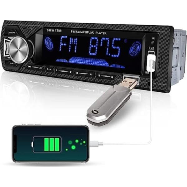 Hikity 1 Din automašīnas radio ar Bluetooth brīvroku komplektu, dubultu BT savienojumu, MP3/FM atskaņotāju ar SD/AUX/2USB un tālvadības pulti, 7 krāsas, 4 x 60 W pastiprinātāju