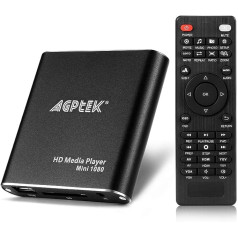 AGPTEK Mini 1080P Full HD digitālais multivides atskaņotājs ar tālvadības pulti MP3, WMA, OGG, AAC, FLAC, APE, AC3, DTS, ATRA — atbalsta HDMI CVBS un YPbPr video izvadi (melnā krāsā)