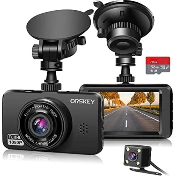 ORSKEY Dash Cam automašīnām priekšā un aizmugurē un SD karte iekļauta 1080P Full HD automašīnas kamerā Dual Lens Dash Cam automašīnām 170 platleņķa Sony sensors ar cilpas ierakstīšanu un G sensoru