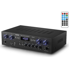 Audio jaudas pastiprinātājs Bluetooth, Donner 440 W bezvadu galddatora audio pastiprinātājs 4 kanāls 5.0, stereo uztvērējs ar USB, SD, FM, 2 mikrofonu ieeju Echo, RCA, LED, studijai, mājas kinozālei MAMP5