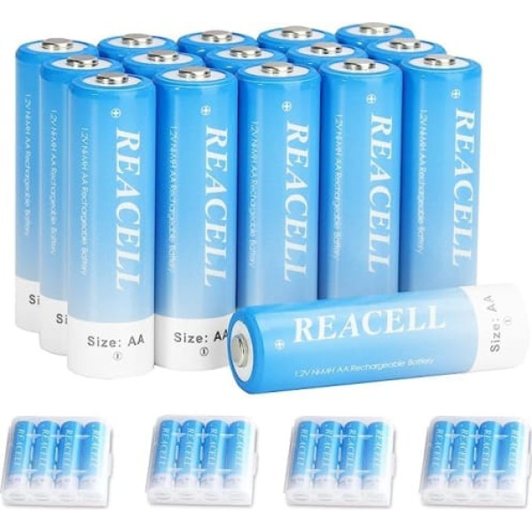 REACELL AA akumulatori 2800 mAh uzlādējams iepakojums, kurā ir 16 Mignon AA NI-MH 1,2 V akumulatori ar zemu pašizlādes līmeni ar uzglabāšanas kasti