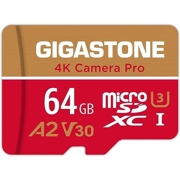 Gigastone 4K Camera Pro 64GB MicroSDXC Memory Card and SD Adapter, Compatible with GoPro Drone and Switch, up to 95/35 MB/s, 4K UHD Video Recording, Micro SD Card UHS-I A1 Class 10 U3 V30