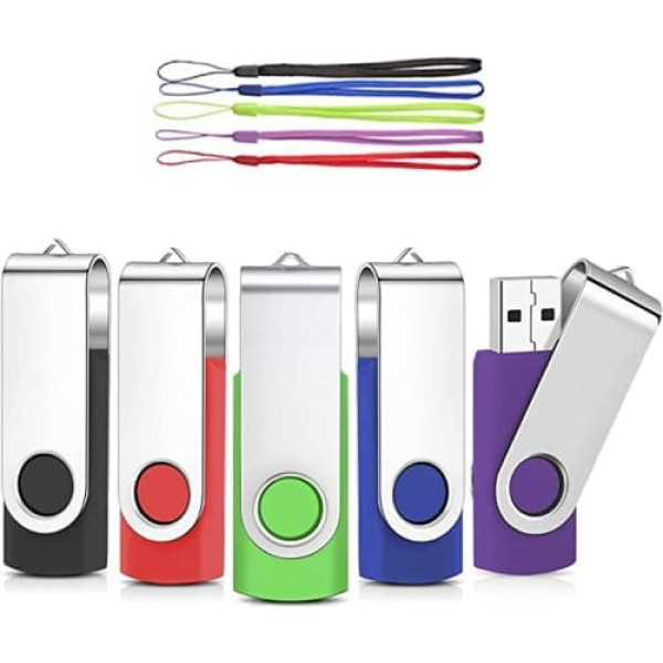 USB Sticks, 8 GB, Pack of 5, AreTop Memory Stick, 8 GB, 360° Rotating Protective Case Design with Lanyard, USB 2.0 Flash Drive (Multi-Colour)