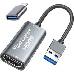 Video tveršanas karte, Fulfalic 4K HDMI uz USB spēļu tveršanas karte, Full HD 1080p uztveršanas karte, HDMI videospēļu tveršana video rediģēšanai/spēļu/straumēšanai/tiešsaistes nodarbībām (sudraba krāsa)