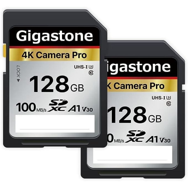 Gigastone 4K Camera Pro 128GB SDXC atmiņas karte 2 pack ar ātrumu līdz 100 MB/s digitālajām kamerām Canon Sony Nikon Olympus, 4K UHD video ierakstīšana UHS-I U3 V30 10. klase