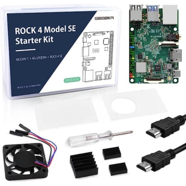 GeeekPi Rock Pi 4 Model SE sākuma komplekts ar Rock Pi 4 SE vienas plates datoru 4 GB LPDDR4 RAM, Rock Pi 4 SE korpusu, Rock Pi 4 SE 4007 PWM dzesēšanas ventilatoru ar ātruma kontroli un Rock Pi 4 SE radiatoriem