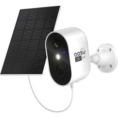 AOSU 2K QHD āra akumulatora novērošanas kamera ar saules paneli, kameras novērošanas WiFi, bezvadu drošības kamera iekštelpās, PIR personas noteikšana, krāsaina nakts redzamība, divvirzienu audio, IP66 ūdensizturīgs