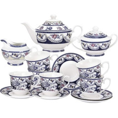 fanquare iepakojumā ir 15 zilā porcelāna tējas komplekti, vintage ziedu keramikas kafijas komplekts, tējas ballītes komplekts pieaugušajiem