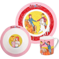 Bibi & Tina brokastu komplekts — zirgi, bērnu trauku komplekts, 3 daļ. šķīvis, bļoda un krūze, izgatavoti no porcelāna