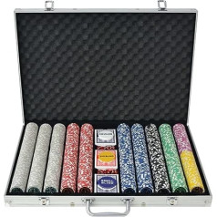 Pokera futrālis Pokera komplekts ar 1000 žetoniem, 3 kārtis, 6 kauliņi, izplatītāja poga, somiņa, plastmasa un alumīnijs, 53 x 37 x 6,7 cm