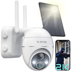 Boifun 2K Solar Surveillance Camera Outdoor Battery, PTZ WLAN Outdoor Camera with Acoustic Visual Alarms, Colour Night Vision, 15000 mAh Battery, PIR Motion Detection, 2-Way Audio, IP65