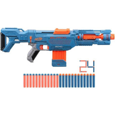 Nerf Elite 2.0 Echo CS-10 Blaster — 24 Nerf šautriņas, 10 šautriņu saspraudes žurnāls, noņemams pamatnes un stobra pagarinājums, 4 taktiskās sliedes, iepakojums bez vilšanās