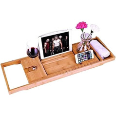 Hossejoy Bathtub Caddy, Made of Bamboo, Extendable Sides, With Book / Tablet Holder, Mobile Phone Tray, Integrated Wine Glass Holder, Other Accessories Holders