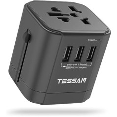 TESSAN universālais ceļojumu adapteris visā pasaulē ar 3 USB, starptautisko kontaktligzdas adapteri, ceļojumu spraudņa adapteri visā pasaulē 224 valstīm ASV, Anglijā, Japānā, Austrālijā, Taizemē