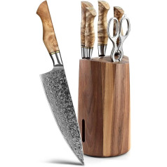 Hezhen 7 Kitchen Knife Set in Japanese Style, Vacuum Heat Treated Damascus Steel Japanese High Carbon Steel Cook, Santoku Bread Universal Fruit Knife, with Gift Box, White Shadow Wood Handle