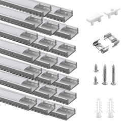 Iepakojumā 20 LED profila alumīnija profils 20 x 1 m, U-veida LED alumīnija profils ar piena pārklājumu LED sloksnēm, gala vāciņi un montāžas skava LED sloksnēm, LED alumīnija profils, ļoti vienkārša uzstādīšana