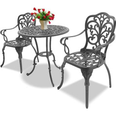 Homeology Bangui Luxury Garden Patio Table and 2 Large Chairs with Armrests Cast Aluminium Bistro Set - Graphite