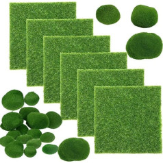 jenich 6 x Artificial Grass + 14 x Artificial Moss Artificial Lawn Mat Artificial Moss Stones Moss Ball Decoration for Miniature Ornament Mini Garden Dollhouse Terrariums Crafts