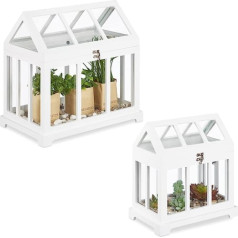Relaxdays Mini siltumnīcu komplekts pa 2 palodzēm, iekštelpu siltumnīca, stikls un MDF, garšaugi, ziedi, 2 izmēri, balts, 37 x 37,5 x 24 cm