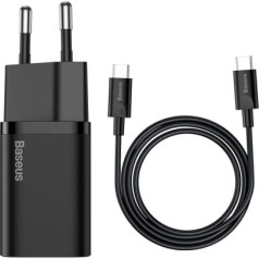 USB-c baseus mini strāvas padeves 25w sienas lādētājs ar 100 cm usb-c kabeli melns