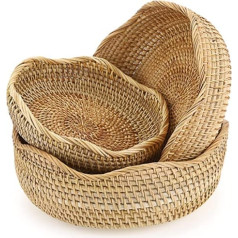 Sumnacon Set of 3 Round Fruit Baskets Rattan Woven Bread Serving Baskets Snack Storage Bowls Table Desk Countertop Decorative Storage Baskets (Scalloped ed)