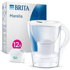 BRITA Marella ūdens filtra krūze, balta (2,4 l) ar 12 x Maxtra Pro universālo kasetni (ikgadējā krājumā) — filtrs kaļķakmens, hlora, svina, vara un garšu traucējošu vielu samazināšanai