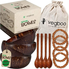 vegboo® kokosriekstu bļodu komplekts ar 4 14 daļām ar piederumiem — ilgtspējīga vegānu kokosriekstu bļoda — roku darbs, ideāli piemērots graudaugu bļodiņai, vegāniskajai, acai un smūtiju bļodai