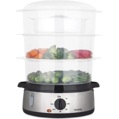 H.Koenig Electric Steamer VAP10 Multifunctional 9L Programmable Compact Professional 3 Removable Stacking Baskets for Eggs/Vegetables/Rice Bowls, 60 min Timer