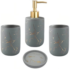 4-Piece Ceramic Bathroom Set, Stylish Bathroom Set, Luxury Bathroom Accessories with Soap Dispenser, Soap Dish and 2 Toothbrush Cups in Marble Effect