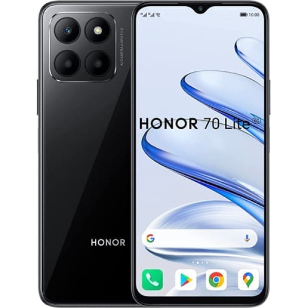 Honor 70 Lite viedtālrunis 5G, 4 GB+128 GB, 6,5 collu 90 Hz FullView displejs, 50 MP trīskāršā aizmugurējā kamera, 5000 mAh lielas ietilpības akumulators ar operētājsistēmu Android 12, divas SIM kartes, pusnakts melns