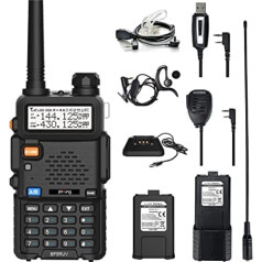 Radio rācijas 5R divjoslu VHF/UHF divvirzienu amatieru radio ar 3800 mAh akumulatoru, mikrofona skaļruni, USB programmēšanas kabeli, augsta pastiprinājuma antenu, USB lādētāju, austiņām