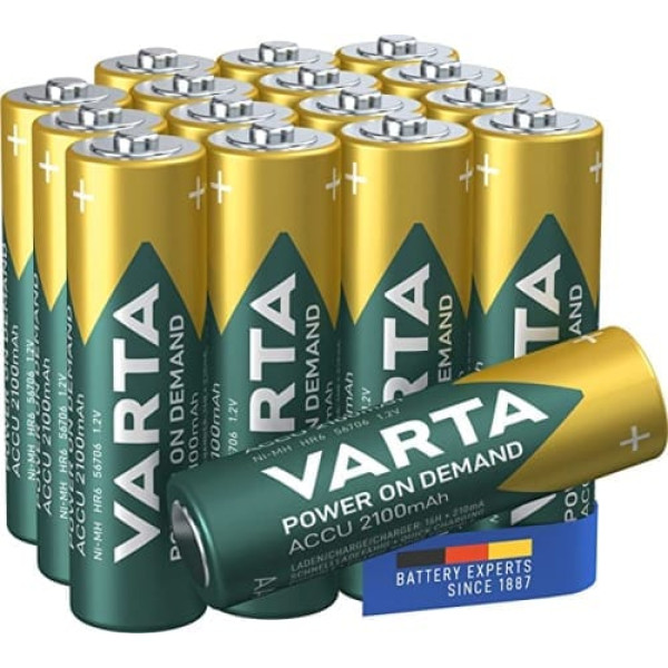 VARTA 16 x AA uzlādējami akumulatori, jauda pēc pieprasījuma 2100 mAh Ni-MH iepriekš uzlādēts, gatavs lietošanai