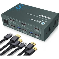 KVM Switch 2 monitori HDMI, 4K @ 60 Hz, USB3.0, KVM Switch Dual Monitors, HDMI 2.0, HDCP2.2, 2 PC 2 monitoru slēdzis, pogu slēdzis, ar 4 HDMI kabeļiem un 3 USB kabeļiem